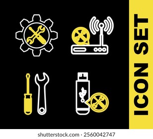 Set line Router wi-fi service, USB flash drive, Screwdriver and wrench and Wrench screwdriver in gear icon. Vector