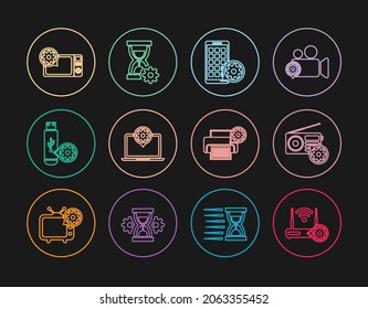 Set line Router and wi-fi setting, Radio, Mobile Apps, Laptop, USB flash drive, Microwave oven, Printer and Hourglass icon. Vector