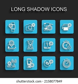 Set line Router and wi-fi setting, Blender with bowl, Smartwatch, CD or DVD disk, Time management, Old hourglass sand,  and Power bank icon. Vector