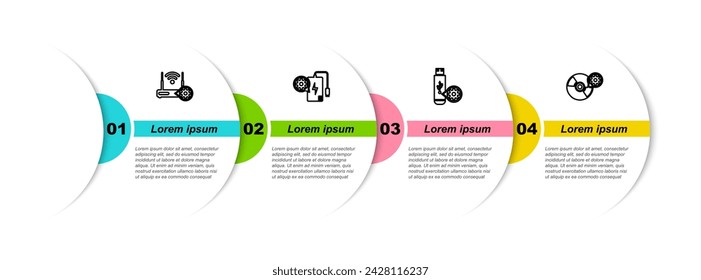 Set line Router and wi-fi setting, Power bank, USB flash drive and CD or DVD disk. Business infographic template. Vector