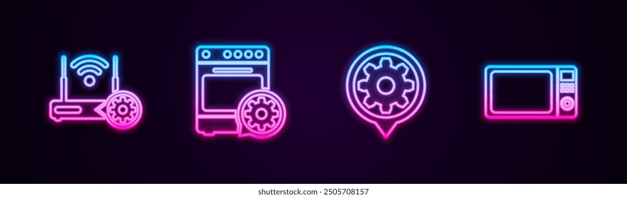 Set line Router and wi-fi setting, Oven, Setting and Microwave oven. Glowing neon icon. Vector