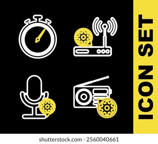 Set line Router and wi-fi setting, Radio, Microphone and Stopwatch icon. Vector