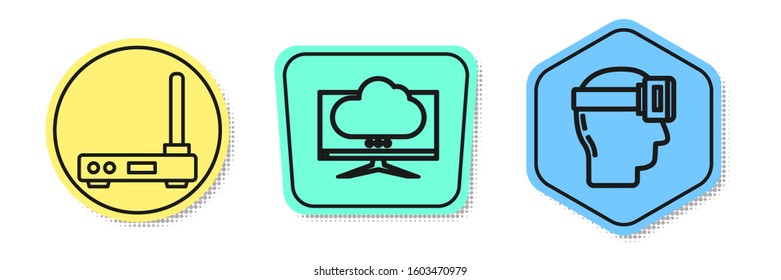 Set line Router and wi-fi signal, Computer monitor screen and Virtual reality glasses. Colored shapes. Vector