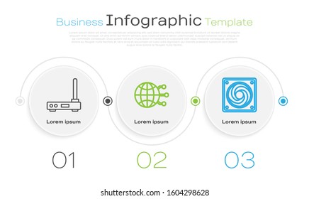 Set line Router and wi-fi signal, Global technology or social network and Computer cooler. Business infographic template. Vector