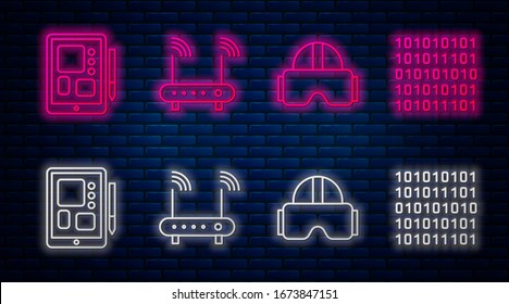 Set line Router and wi-fi signal, Virtual reality glasses, Graphic tablet and Binary code. Glowing neon icon on brick wall. Vector