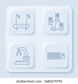 Set line Router and wi-fi signal, Computer network, Robotic robot arm hand factory and Keyboard and mouse. White square button. Vector