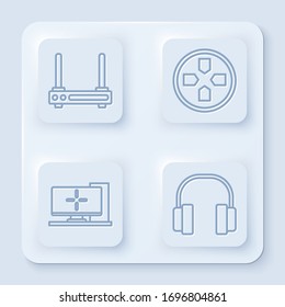 Set line Router and wi-fi signal, Gamepad, Computer monitor and Headphones. White square button. Vector