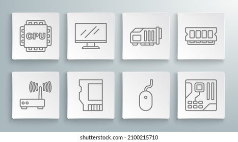 Set line Router and wi-fi signal, Computer monitor screen, SD card, mouse, Motherboard digital chip, Video graphic, RAM, random access memory and Processor with CPU icon. Vector