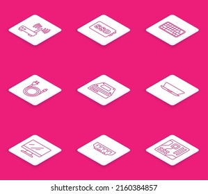 Set line Router and wi-fi signal, SSD card, Keyboard, Electric plug, Optical disc drive, Laptop, Computer monitor screen and RAM, random access memory icon. Vector