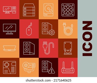 Set line Router and wi-fi signal, Optical disc drive, Electric plug, Hard disk HDD, Computer mouse, monitor screen,  and Case of computer icon. Vector