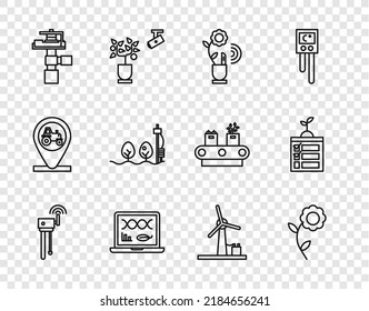 Set line Router and wi-fi signal, Flower, Smart farming technology, Genetic engineering modification, Automatic irrigation sprinklers, Standalone sensor plant, Wind turbine and  icon. Vector