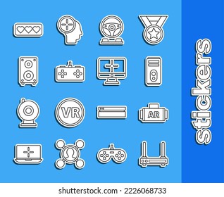 Set line Router and wi-fi signal, Ar, augmented reality, Computer, Racing simulator cockpit, Gamepad, Stereo speaker, Like heart and monitor icon. Vector