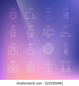 Set line Router and wi-fi signal, Smart light bulb, car system with wireless, Wireless smartphone, table lamp, stereo speaker, Robot vacuum cleaner and Tv icon. Vector