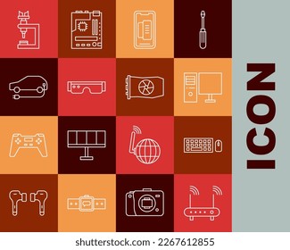 Set line Router and wi-fi signal, Keyboard mouse, Computer monitor, Smartphone, mobile phone, glasses, Electric car, Microscope and Video graphic card icon. Vector