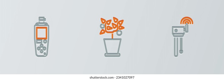 Set line Router and wi-fi signal, Portable sensor and Plant in pot icon. Vector