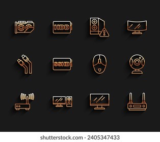 Set line Router and wi-fi signal, Computer monitor, Video graphic card, screen, SSHD, Web camera and mouse icon. Vector
