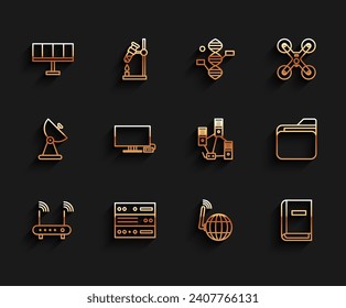Set line Router and wi-fi signal, Server, Data, Web Hosting, Solar energy panel, Social network, User manual, Smart Tv, Document folder and Computer icon. Vector