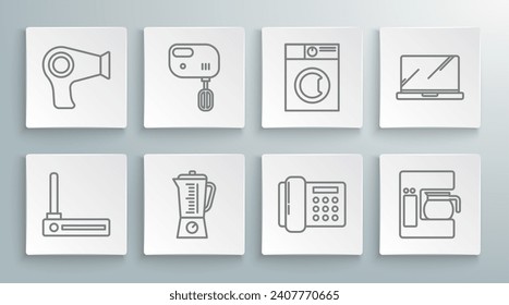 Set line Router and wi-fi signal, Electric mixer, Blender, Telephone, Coffee machine with glass pot, Washer, Laptop and Hair dryer icon. Vector