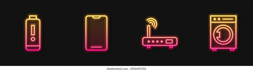 Enrutador de línea y señal wi-fi, indicador de nivel de Recargo de la batería, teléfono inteligente, teléfono móvil y lavadora. Icono de neón brillante. Vector