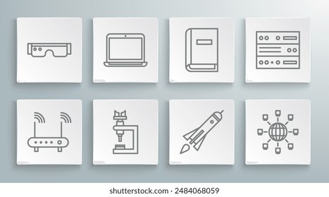 Set line Router and wi-fi signal, Laptop, Microscope, Rocket ship with fire, Social network, User manual, Server, Data, Web Hosting and Smart glasses icon. Vector