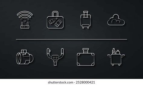 Set line Router and wi-fi signal, Jet engine turbine, Cloud weather, Suitcase, Aircraft steering helm, Trolley for food and  icon. Vector