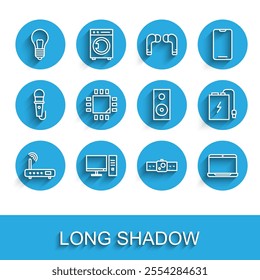 Set line Router and wi-fi signal, Computer monitor, Light bulb with concept of idea, Smartwatch, Laptop, Processor microcircuits CPU, Power bank charge cable and Stereo speaker icon. Vector