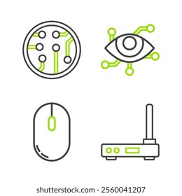 Set line Router and wi-fi signal, Computer mouse, Virtual reality and Processor icon. Vector