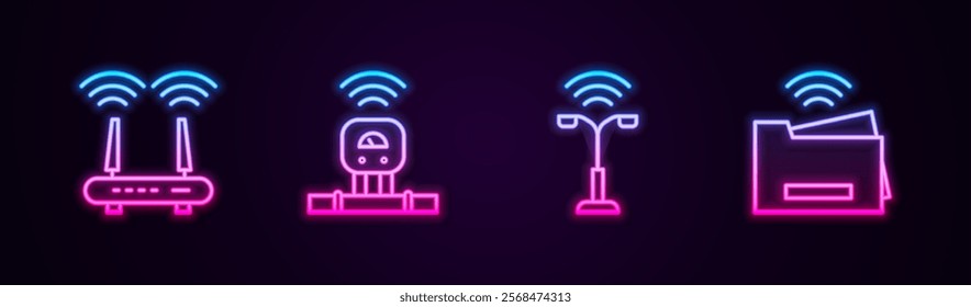 Set line Router and wi-fi signal, Smart sensor, street light and printer. Glowing neon icon. Vector