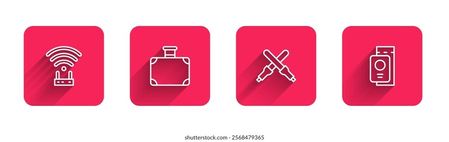 Set line Router and wi-fi signal, Suitcase, Marshalling wands and Passport with ticket with long shadow. Red square button. Vector