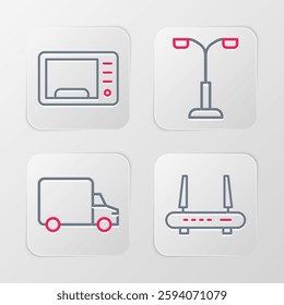 Set line Router and wi-fi signal, Delivery cargo truck, Street light and Microwave oven icon. Vector