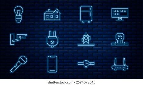 Set line Router and wi-fi signal, Smart sensor, Refrigerator, Electric plug, Security camera, Light bulb, Antenna and House icon. Vector