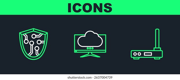 Set line Router and wi-fi signal, Cyber security and Computer monitor screen icon. Vector