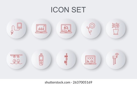 Set line Router and wi-fi signal, Smart farm with bulb plant, Laptop application for smart, Genetic engineering modification, Sensor, farming technology, Portable sensor and Standalone icon. Vector