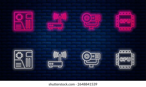 Set line Router and wi-fi signal, Web camera, Motherboard digital chip and Processor with CPU. Glowing neon icon on brick wall. Vector