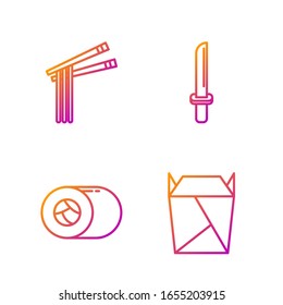 Set-Zeile Restaurant öffnete Abholbox gefüllt, Sushi, asiatische Nudeln und Stäbchen und japanische Katana. Farbsymbole. Vektorillustration