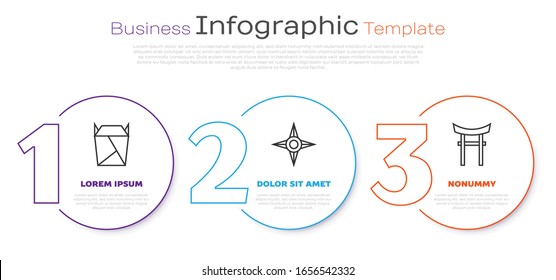 Set line Rstaurant opened take out box filled, Japanese ninja shuriken and Japan Gate. Business infographic template. Vector
