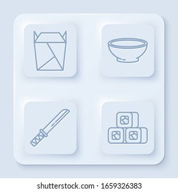 Set line Rstaurant opened take out box filled, Bowl of hot soup, Traditional Japanese katana and Sushi. White square button. Vector
