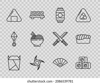 Set line Rstaurant opened take out box filled, Sushi, Japanese paper lantern, ninja shuriken, Asian noodles bowl and chopsticks, Paper chinese or japanese folding fan and  icon. Vector