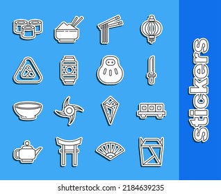 Fijar la línea Restaurante abierto saca la caja llena, Sushi en la tabla de corte, katana japonesa, fideos y palillos asiáticos, linterna de papel e ícono de gato neko de Maneki. Vector