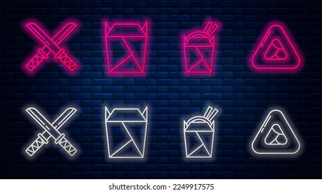 Set line Rstaurant opened take out box filled, Asian noodles in paper box and chopsticks, Traditional Japanese katana and Sushi. Glowing neon icon on brick wall. Vector