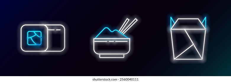 Set line Rstaurant opened take out box filled, Sushi and Rice in bowl with chopstick icon. Glowing neon. Vector