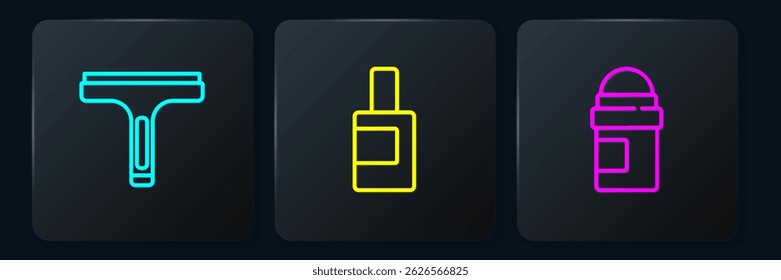 Set line Rubber cleaner, Antiperspirant deodorant roll and Bottle for cleaning agent. Black square button. Vector
