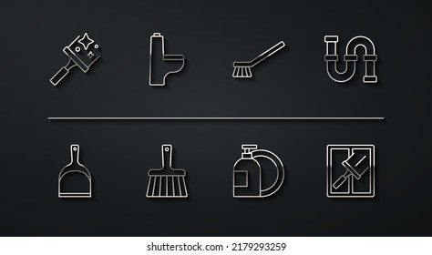 Set Line Rubber Cleaner For Windows, Dustpan, Industry Metallic Pipe, Dishwashing Liquid Bottle, Handle Broom, Toilet Bowl,  And Brush Cleaning Icon. Vector