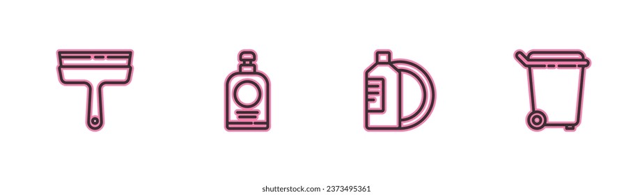 Set line Rubber cleaner for windows, Dishwashing liquid bottle and plate, Hand sanitizer and Trash can icon. Vector