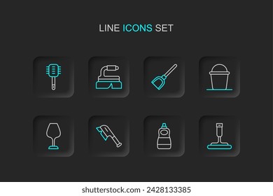 Set line Rubber cleaner for windows, Dishwashing liquid bottle, Brush cleaning, Wine glass, Bucket, Dustpan,  and Toilet brush icon. Vector