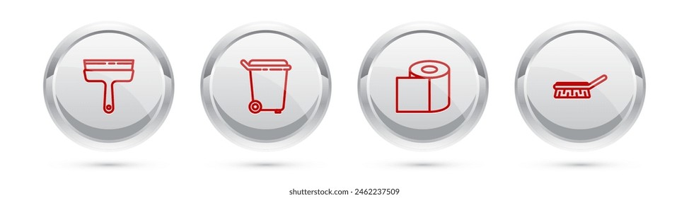 Set line Rubber cleaner for windows, Trash can, Toilet paper roll and Brush cleaning. Silver circle button. Vector