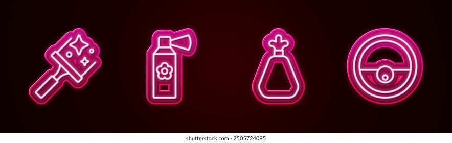 Set line Rubber cleaner for windows, Air freshener spray bottle, Garbage bag and Robot vacuum. Glowing neon icon. Vector
