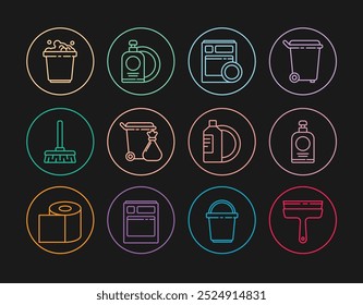 Limpiador de goma para ventanas, botella de desinfectante de manos, máquina lavavajillas de cocina, bolsa de basura para papeleras, escoba de mango, cubo con espuma de jabón, placa de líquido para lavar platos e icono. Vector