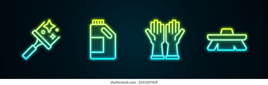 Set line Rubber cleaner for windows, Bottle cleaning agent, gloves and Brush. Glowing neon icon. Vector