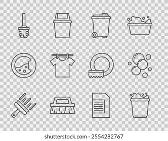 Set line Rubber cleaner for windows, Bucket with foam, Trash can, Brush cleaning, Toilet brush, Drying clothes, Laundry detergent and Soap water bubbles icon. Vector